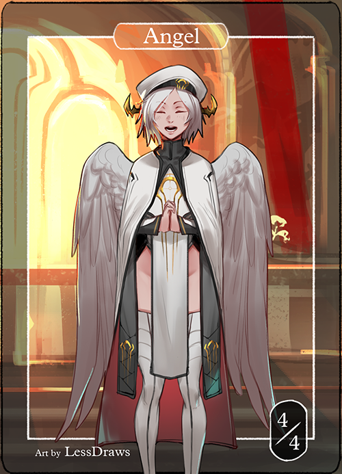 1girl :d angel angel_wings artist_name cloak closed_eyes commentary english_commentary facing_viewer halo hat less long_sleeves no_panties open_mouth original own_hands_clasped own_hands_together pelvic_curtain short_hair smile solo thigh-highs white_hair white_legwear wings