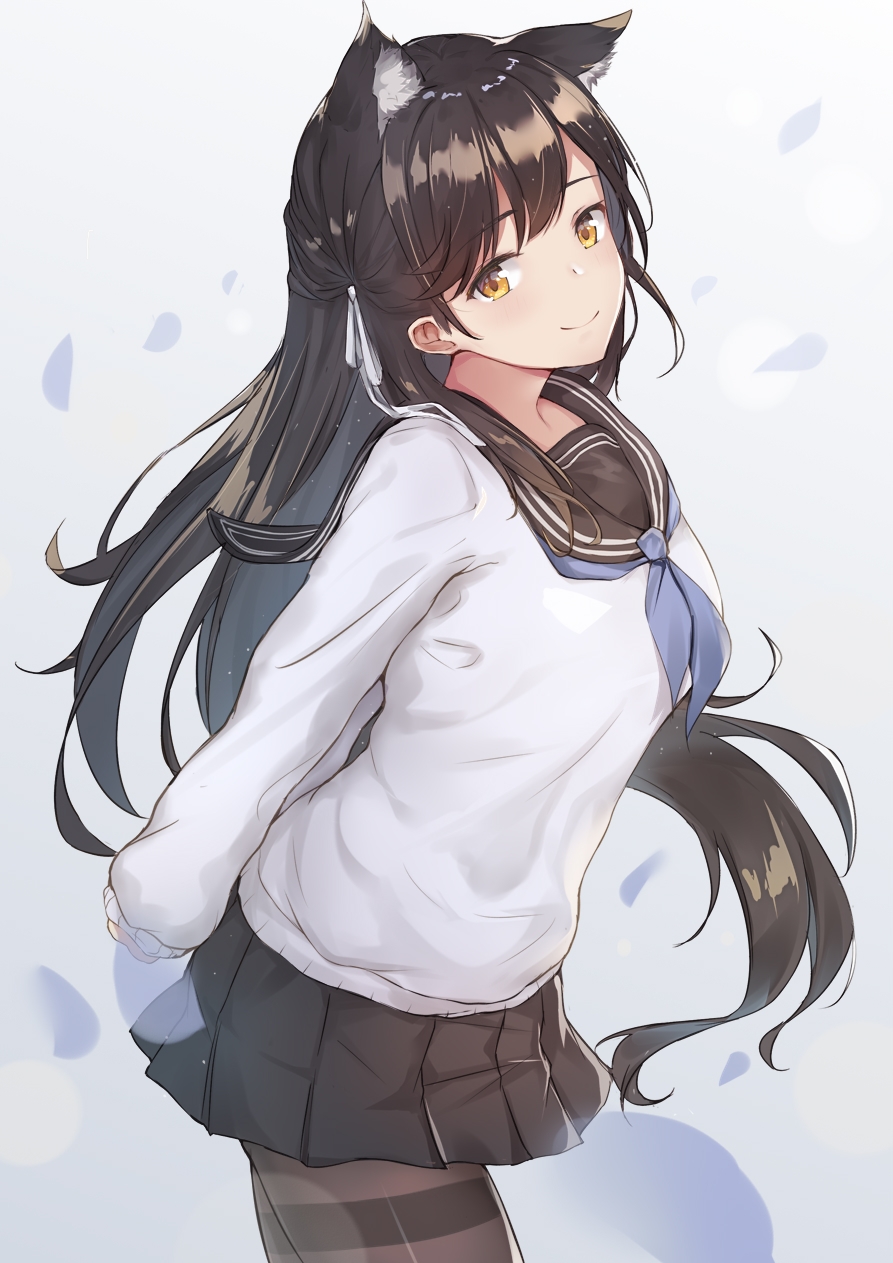 1girl atago_(azur_lane) atago_(school_daydream)_(azur_lane) azur_lane bangs black_hair black_legwear black_skin bow colored_skin commentary_request eric_(tianqijiang) extra_ears eyebrows_visible_through_hair from_side hair_between_eyes hair_bow hair_ribbon head_tilt highres leaning_forward long_hair long_sleeves looking_at_viewer looking_to_the_side pantyhose petals pleated_skirt ribbon school_uniform serafuku sidelocks skirt smile solo white_background wind yellow_eyes