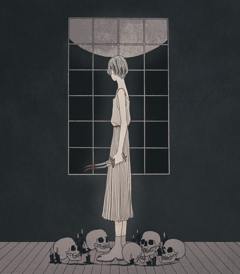 1girl candle cochlea1313 dress flat_color full_moon holding holding_knife horror_(theme) knife moon night night_sky original ritual short_hair skull sky window