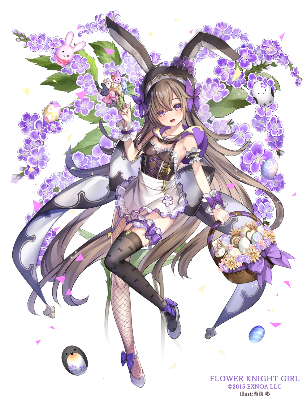 1girl :d animal_ears apron armlet artist_name asymmetrical_legwear back_bow basket between_fingers black_headwear black_legwear bow brown_hair candy copyright_name detached_hood duranta_(flower_knight_girl) easter easter_egg egg fishnet_legwear fishnets flower flower_knight_girl flower_ornament food frilled_apron frills hat hat_bow highres holding holding_basket lollipop long_hair looking_at_viewer mismatched_legwear object_namesake open_mouth playboy_bunny purple_bow rabbit_ears shoes single_leg_pantyhose single_thighhigh smile solo thigh-highs thighlet violet_eyes white_apron white_footwear wrist_cuffs yuasa_akira