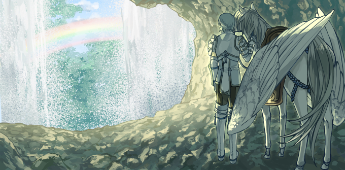 1boy aqua_hair armor black_pants blue_sky boots bracer breastplate cave clouds commentary_request dated_commentary day elbow_gloves fire_emblem fire_emblem_fates from_behind gloves gorget harusame_(rueken) male_focus outdoors pants pegasus pegasus_knight_uniform_(fire_emblem) rainbow reins rock saddle shigure_(fire_emblem) short_hair shoulder_armor sidelocks sky solo splashing standing thigh-highs thigh_boots tree water waterfall white_armor white_footwear white_gloves white_sleeves wide_shot