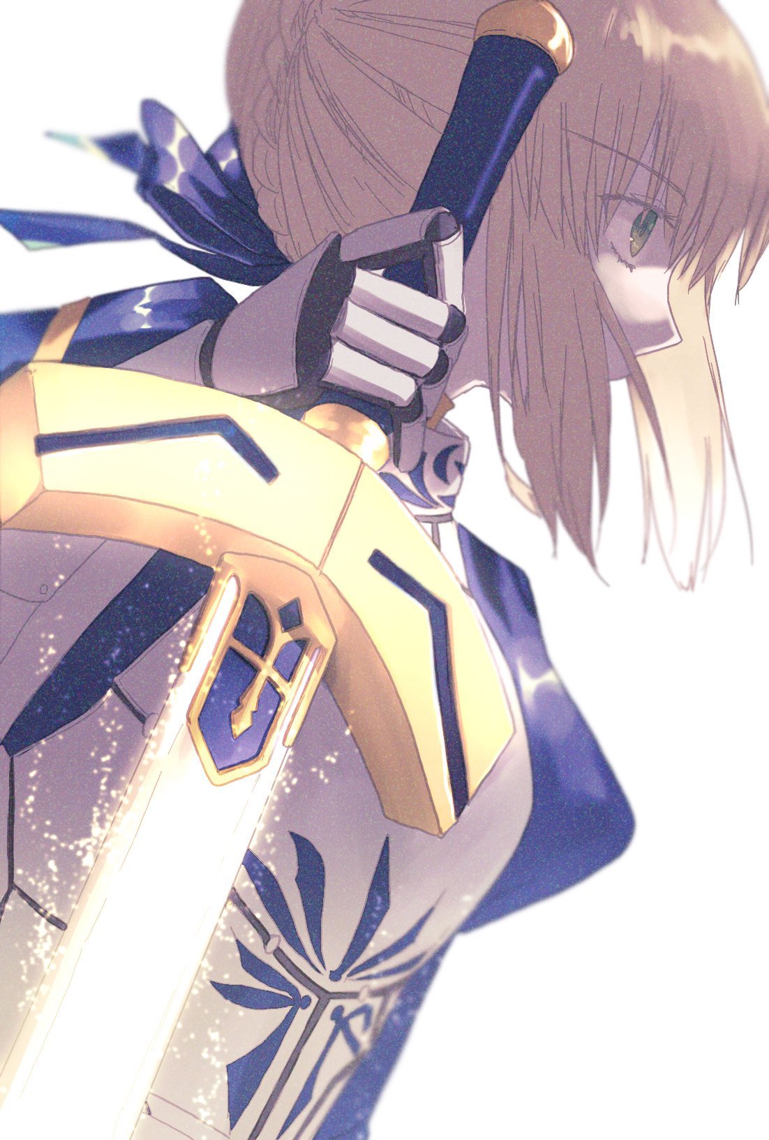 1girl ahoge armor artoria_pendragon_(fate) blonde_hair blue_ribbon braid breastplate crown_braid dress excalibur_(fate/stay_night) fate/stay_night fate_(series) french_braid from_side gauntlets green_eyes highres juliet_sleeves long_sleeves planted planted_sword puffy_sleeves ribbon roku_(ntbr_fate) saber solo sword weapon white_background