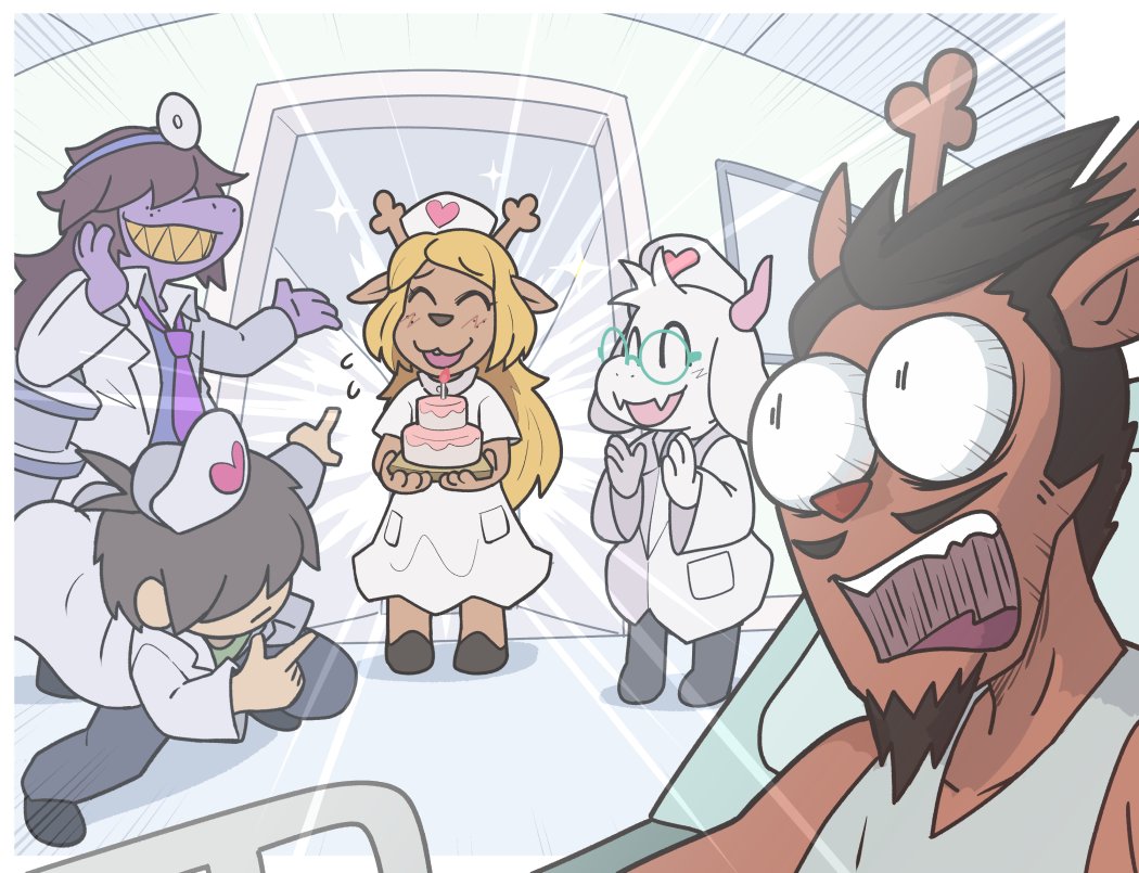 1other 2boys 2girls antlers blonde_hair brown_hair deltarune furry glasses goat_boy hat houten_(dre_a_mer) kris_(deltarune) multiple_boys multiple_girls noelle_holiday nurse nurse_cap ralsei reindeer_boy reindeer_girl rudy_holiday susie_(deltarune) yellow_teeth