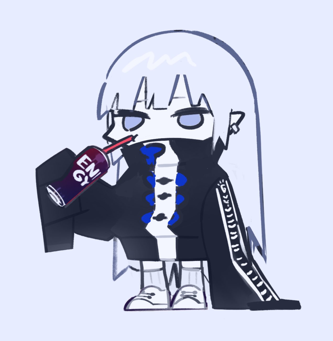 1girl black_jacket blue_eyes can check_copyright chibi closed_mouth copyright_request daydremec drinking drinking_straw earrings energy_drink grey_background grey_hair highres holding holding_can jacket jewelry long_hair original pointy_ears simple_background sleeves_past_fingers sleeves_past_wrists socks solo standing white_footwear white_legwear