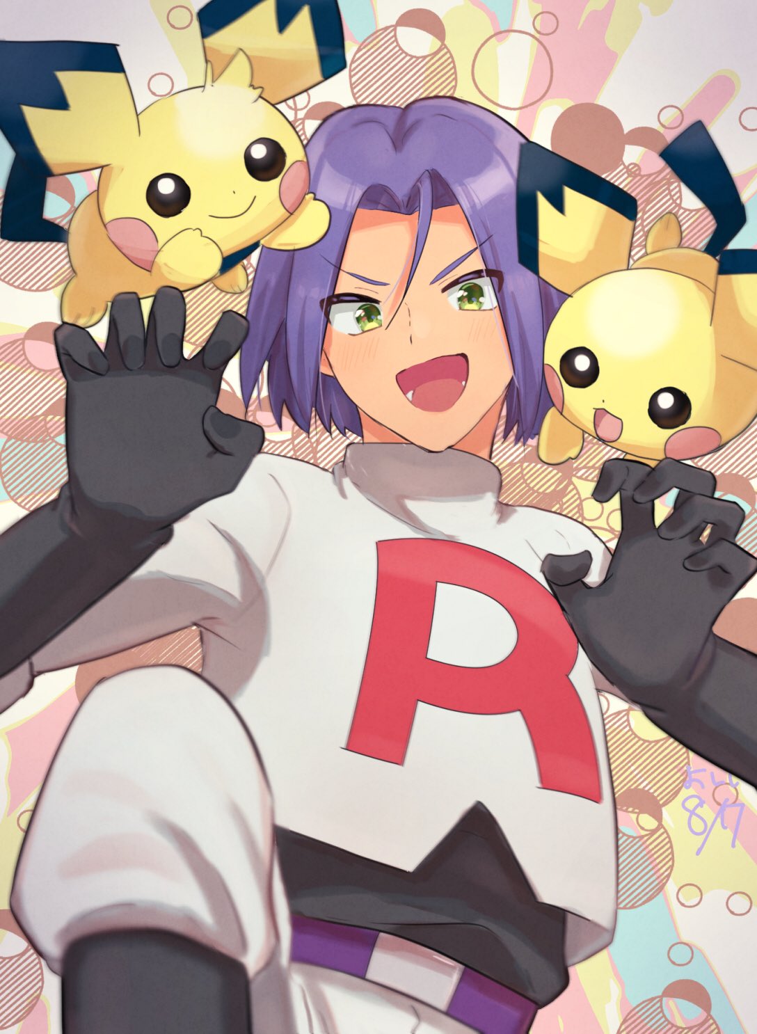 1boy blue_hair fangs gloves green_eyes highres james_(pokemon) lpf7vs08jtpsecp male_focus open_mouth pichu pokemon pokemon_(anime) pokemon_(creature) team_rocket team_rocket_uniform