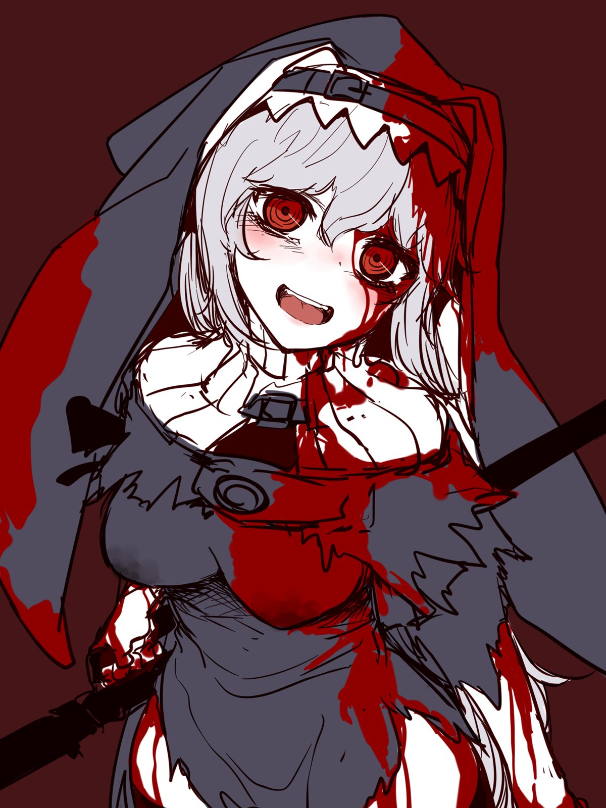 1girl arknights bangs blood blood_on_face blush breasts capelet habit highres hourai_kochou long_hair nun open_mouth red_eyes silver_hair solo specter_(arknights) torn_clothes turtleneck