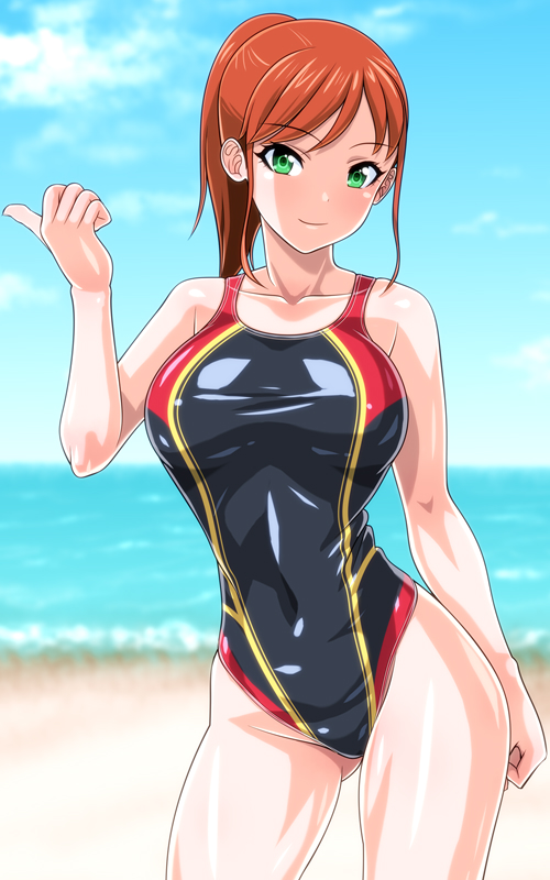 1girl anime_coloring beach black_swimsuit blue_sky breasts brown_hair clouds collarbone commentary_request competition_swimsuit contrapposto cowboy_shot day green_eyes hitchhiking horizon large_breasts long_hair looking_at_viewer monteriakitto ocean one-piece_swimsuit original outdoors shiny sky solo swimsuit thumbs_up