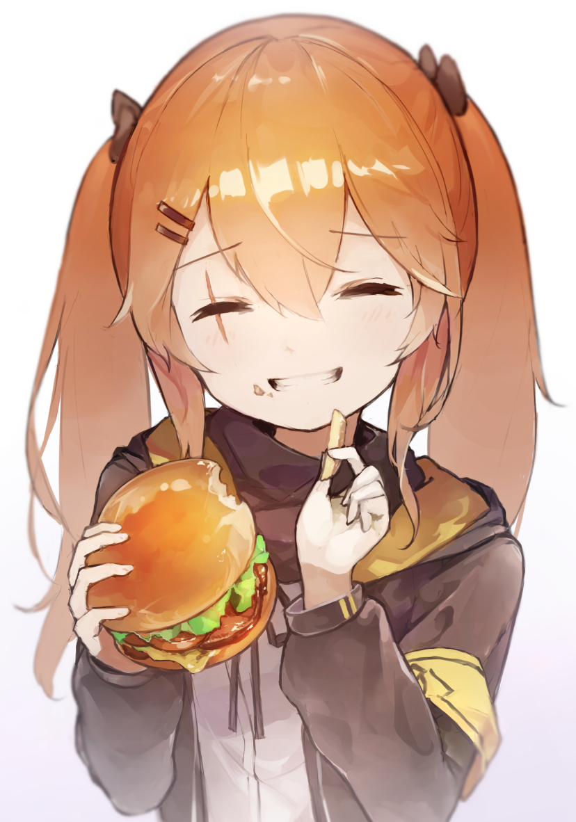 1girl ^_^ armband bangs black_bow black_jacket black_ribbon bow brown_hair burger closed_eyes commentary_request eyebrows_visible_through_hair facing_viewer food food_on_face french_fries girls_frontline gradient gradient_background grin hair_between_eyes hair_bow hair_ornament hairclip holding holding_food hood hood_down hooded_jacket jacket long_hair long_sleeves neck_ribbon open_clothes open_jacket purple_background ribbon scar scar_across_eye shirt smile solo suginakara_(user_ehfp8355) twintails ump9_(girls'_frontline) upper_body white_background white_shirt