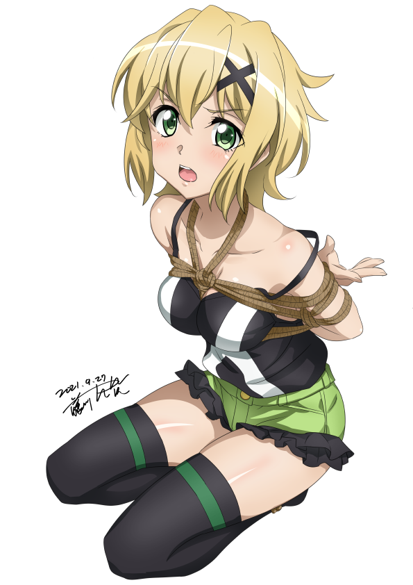 1girl akatsuki_kirika arms_behind_back blonde_hair bound breast_bondage breasts dated frilled_shorts frills fujikawa_daichi green_eyes hair_ornament kneeling medium_breasts rope senki_zesshou_symphogear shorts signature thigh-highs white_background x_hair_ornament