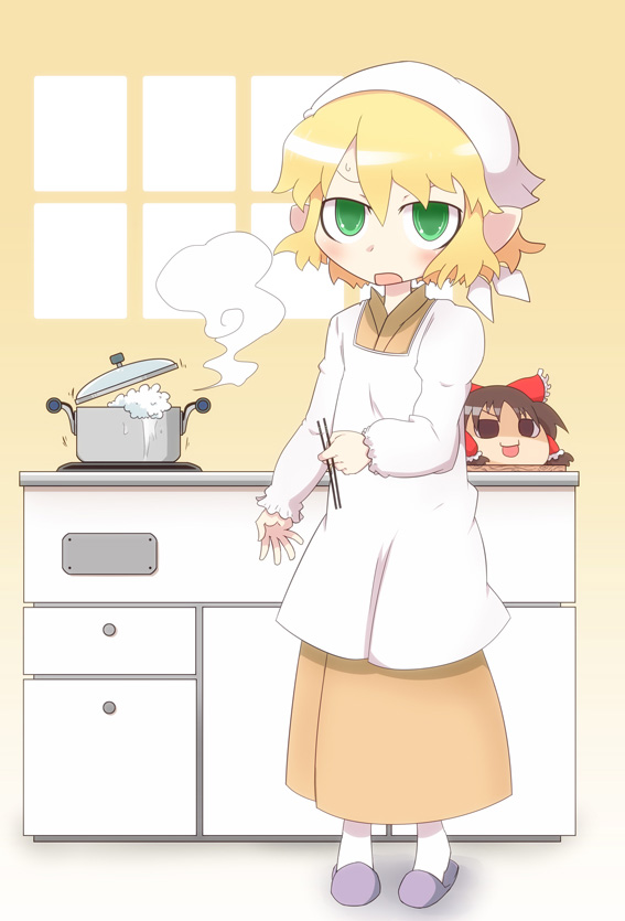 1girl 221_(tsutsuichi) alternate_costume bangs blonde_hair blush boiling brown_kimono chopsticks commentary_request cooking counter full_body green_eyes hakurei_reimu head_scarf holding holding_chopsticks indoors japanese_clothes kimono long_sleeves looking_at_viewer michiyuki mizuhashi_parsee open_mouth pointy_ears pot purple_footwear short_hair slippers socks touhou white_legwear window yukkuri_shiteitte_ne