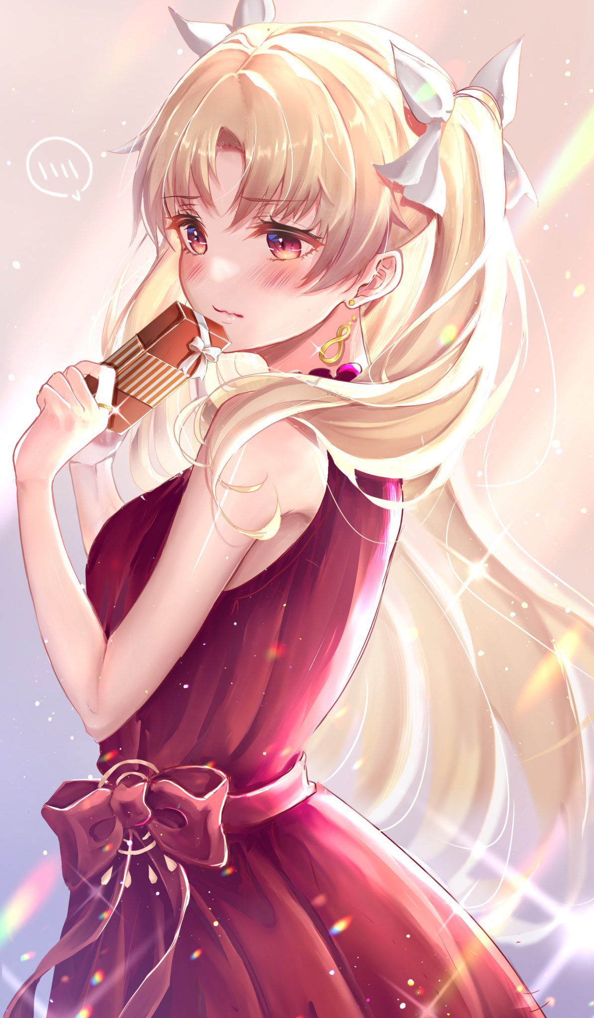 1girl alternate_costume bangs bitter_sweet_(fate/grand_order) blonde_hair blush bow box box_of_chocolates breasts chiachun0621 closed_mouth commentary_request dress earrings embarrassed ereshkigal_(fate) eyebrows_visible_through_hair fate/grand_order fate_(series) formal from_side gift gift_box hair_ribbon highres holding holding_box holding_gift jewelry lips long_hair looking_to_the_side medium_breasts official_alternate_costume parted_bangs red_bow red_dress red_eyes ribbon ring sleeveless sleeveless_dress solo two_side_up valentine very_long_hair white_ribbon