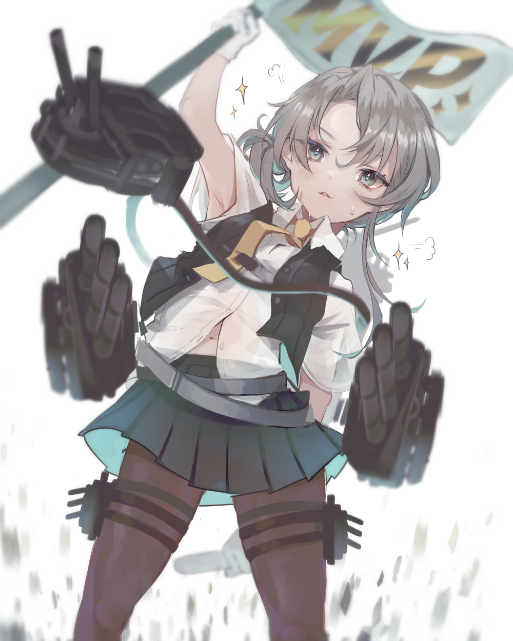 1girl adapted_turret asymmetrical_hair bangs belt black_legwear black_skirt black_vest cannon collared_shirt commentary_request commission cowboy_shot dress_shirt flag flipped_hair grey_eyes highres kantai_collection looking_at_viewer machinery mvp necktie nowaki_(kancolle) pantyhose pleated_skirt ruohire9 shirt short_sleeves silver_hair simple_background skirt solo standing swept_bangs torpedo_launcher turret vest white_background white_shirt yellow_neckwear