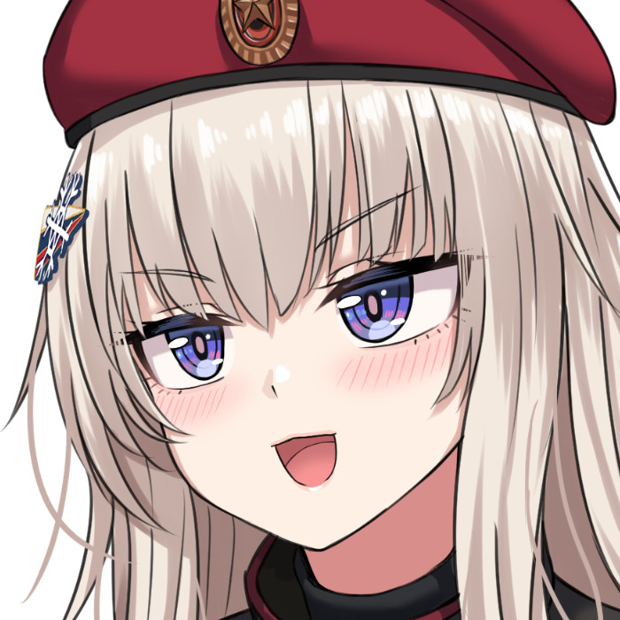 1girl ak74m_(girls'_frontline) beret blonde_hair blue_eyes blush eyebrows_visible_through_hair girls_frontline hair_ornament hat hat_ornament long_hair looking_away open_mouth red_headwear red_star russian_flag smile snowflake_hair_ornament solo_focus star_(symbol) star_hat_ornament white_background yakob_labo