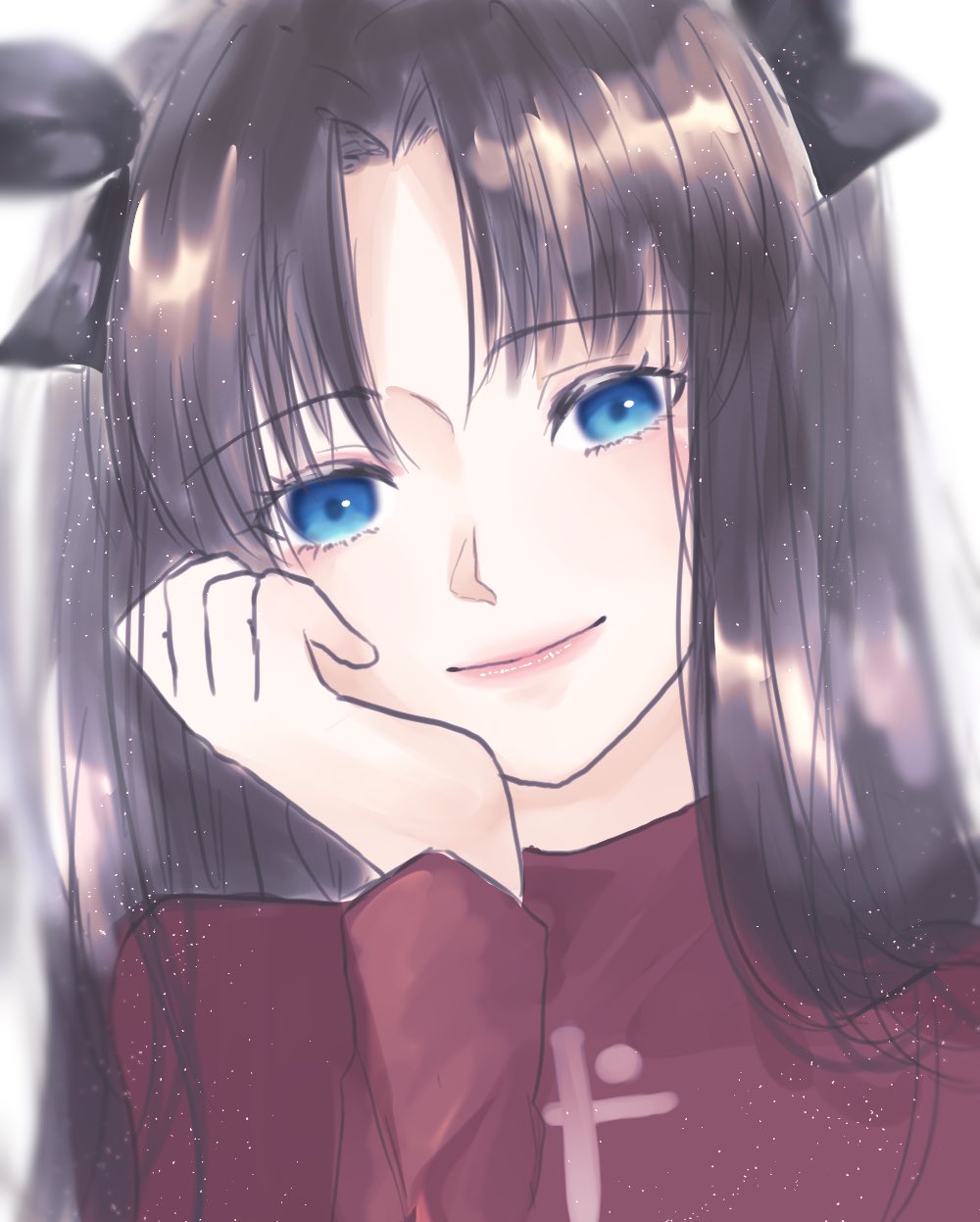 1girl black_bow blue_eyes bow brown_hair fate/stay_night fate_(series) hair_bow highres long_hair looking_at_viewer red_sweater roku_(ntbr_fate) smile sweater tohsaka_rin turtleneck two_side_up upper_body white_background