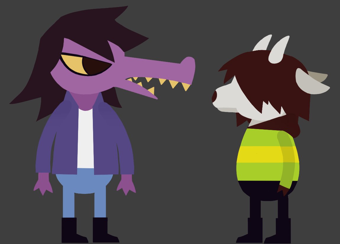 1girl 1other animal_ears brown_hair colored_sclera colored_skin crossover deltarune furry goat_ears horns kris_(deltarune) night_in_the_woods pcktknife susie_(deltarune) yellow_sclera yellow_teeth