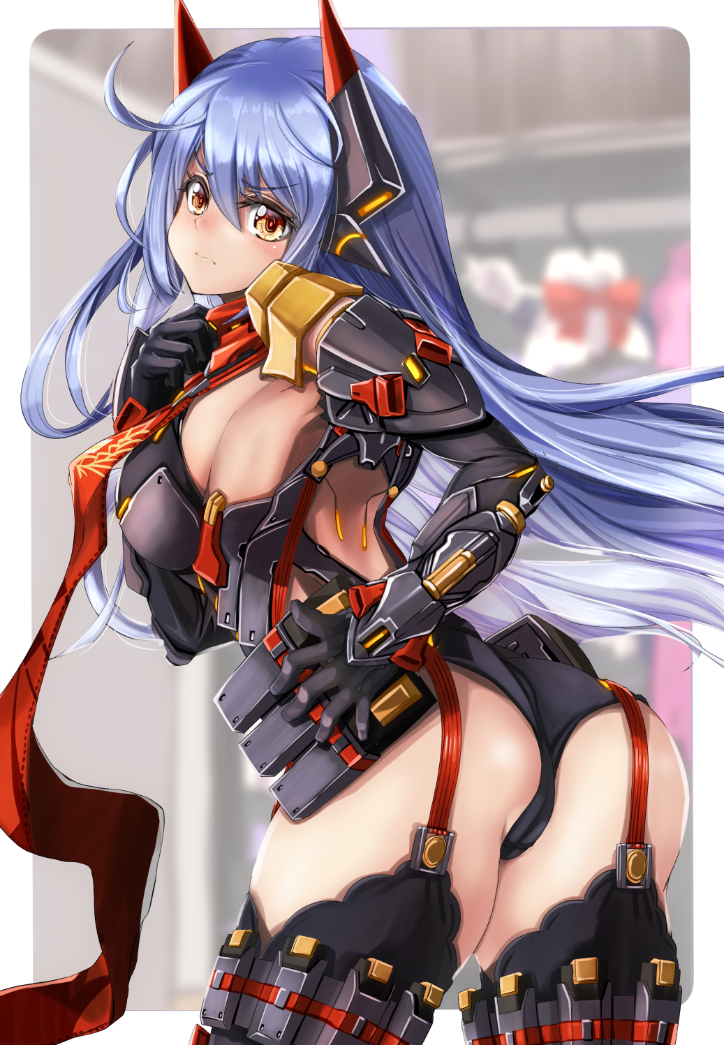 1girl android ayamo_kaoru from_behind highleg highleg_leotard highres joints leaning_forward leotard long_hair poppi_(xenoblade) poppi_qtpi_(xenoblade) purple_hair robot_ears robot_joints scarf solo xenoblade_chronicles_(series) xenoblade_chronicles_2 yellow_eyes