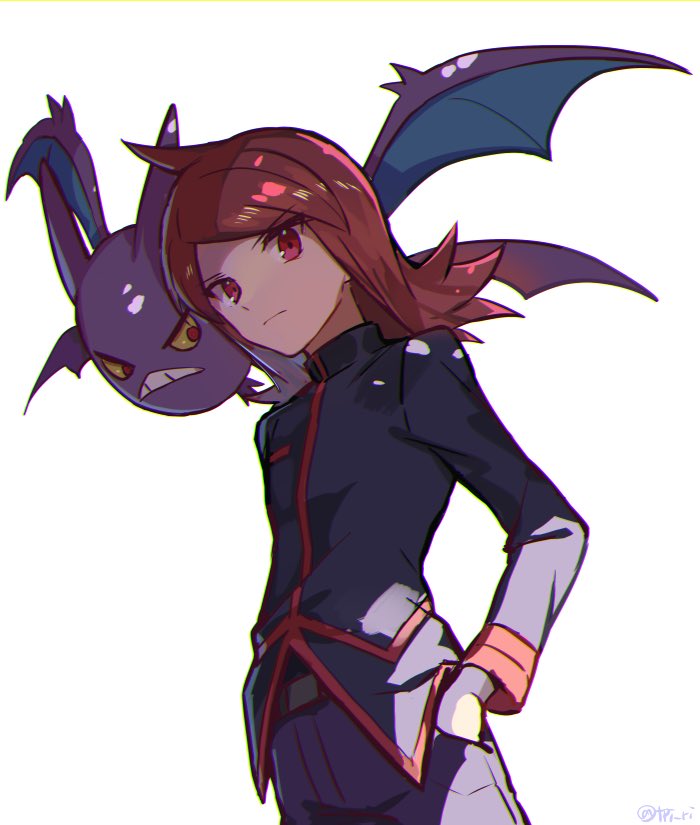 1boy belt_buckle brown_hair buckle closed_mouth crobat hand_in_pocket jacket long_hair long_sleeves looking_at_viewer male_focus pants pokemon pokemon_(creature) pokemon_(game) pokemon_hgss shiny shiny_hair silver_(pokemon) simple_background symbol-only_commentary tpi_ri turtleneck turtleneck_jacket white_background