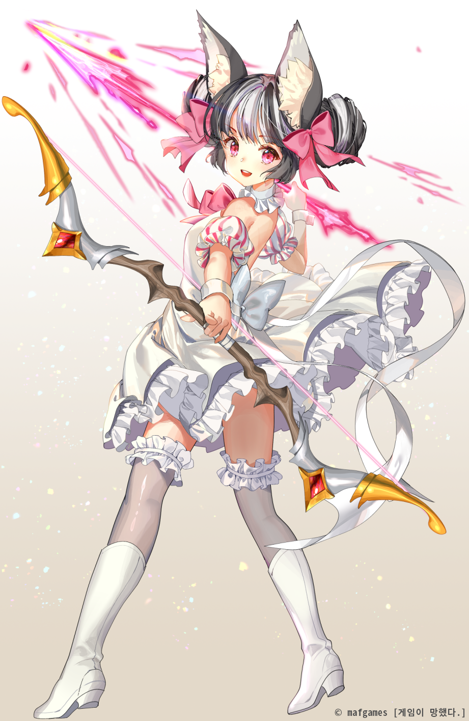 1girl :d animal_ear_fluff animal_ears arrow_(projectile) bare_shoulders black_hair boots bow_(weapon) brown_background commentary_request copyright_request detached_sleeves double_bun dress frilled_dress frilled_legwear frills from_behind full_body gradient gradient_background grey_hair grey_legwear high_heel_boots high_heels highres holding holding_arrow holding_bow_(weapon) holding_weapon looking_at_viewer looking_back magical_girl mintchoco_(orange_shabette) multicolored_hair official_art open_mouth puffy_short_sleeves puffy_sleeves short_sleeves smile solo thigh-highs thighhighs_under_boots two-tone_hair upper_teeth violet_eyes watermark weapon white_background white_dress white_footwear