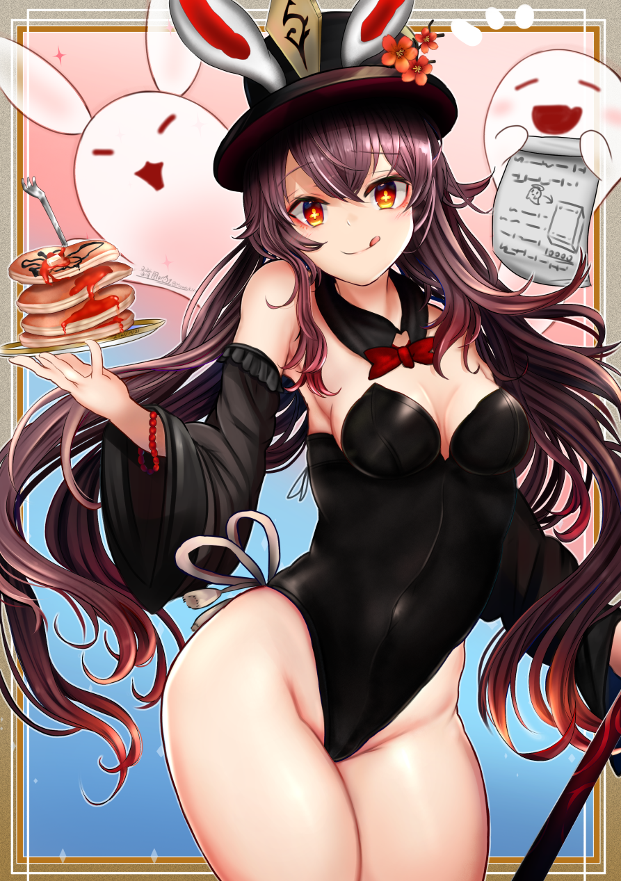 1girl :q animal_ears bare_shoulders black_headwear black_leotard bow bowtie breasts brown_hair closed_mouth covered_navel cowboy_shot detached_collar detached_sleeves fake_animal_ears food fork genshin_impact ghost gradient_hair hat highleg highleg_leotard highres holding houdukixx hu_tao_(genshin_impact) leotard long_hair long_sleeves looking_at_viewer multicolored_hair pancake paper playboy_bunny rabbit_ears red_eyes small_breasts smile solo star-shaped_pupils star_(symbol) strapless strapless_leotard symbol-shaped_pupils thighs tongue tongue_out top_hat twintails very_long_hair wide_sleeves