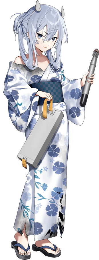 1girl burnt_clothes floral_print full_body hoshiakari_(c2_kikan) i-203_(kancolle) japanese_clothes kantai_collection kimono light_blue_eyes light_blue_hair long_hair machinery messy_hair official_art sandals sidelocks torn_clothes torpedo white_kimono yukata