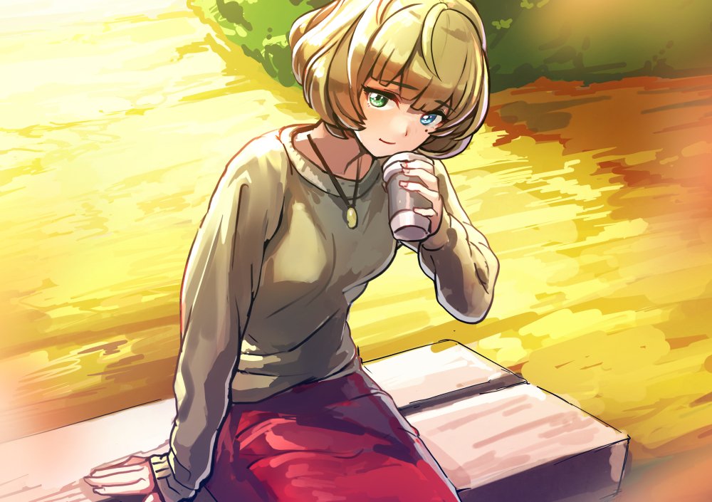 1girl blue_eyes closed_mouth cup disposable_cup green_eyes green_hair grey_sweater heterochromia holding holding_cup idolmaster idolmaster_cinderella_girls jewelry kagawa_ichigo long_sleeves looking_at_viewer medium_hair mole mole_under_eye necklace red_skirt sitting skirt smile solo sweater takagaki_kaede