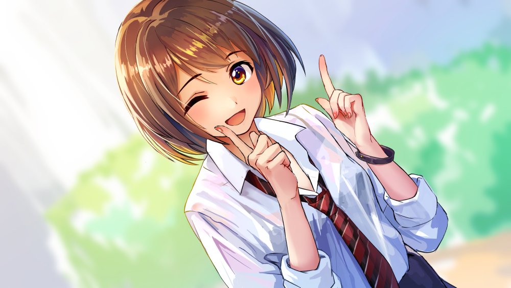 1girl :d blurry blurry_background blush bob_cut brown_eyes brown_hair collared_shirt depth_of_field fingernails index_finger_raised kagawa_ichigo looking_at_viewer necktie one_eye_closed open_mouth original outdoors red_neckwear school_uniform shirt smile solo wet wet_clothes wet_shirt white_shirt wing_collar