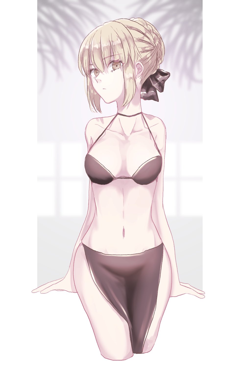 1girl alternate_costume arm_support artoria_pendragon_(fate) black_bow blonde_hair border bow braid breasts breasts_apart clothing_request crown_braid fate/stay_night fate_(series) french_braid groin hair_bow halter_top halterneck highres medium_breasts navel outside_border pelvic_curtain roku_(ntbr_fate) saber_alter skindentation solo strap_gap white_border yellow_eyes