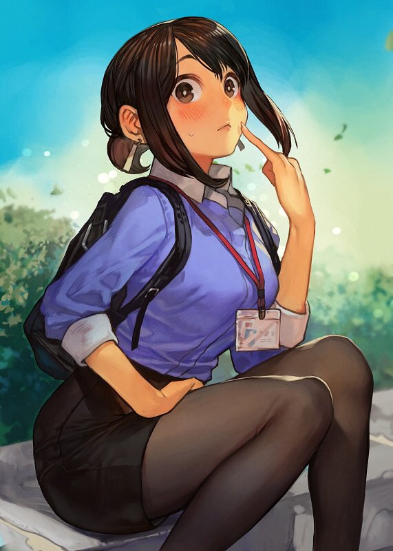 1girl :&lt; backpack bag bangs black_legwear black_skirt blue_shirt blue_sky blush breasts brown_eyes brown_hair bush closed_mouth collared_shirt commentary day douki-chan_(douki-chan) earrings feet_out_of_frame ganbare_douki-chan hankuri id_card jewelry lanyard leaves_in_wind looking_at_viewer medium_breasts miniskirt outdoors pantyhose parted_bangs pencil_skirt pinky_out second-party_source shirt shirt_tucked_in short_hair sitting skirt sky solo sweatdrop wide-eyed wind wing_collar