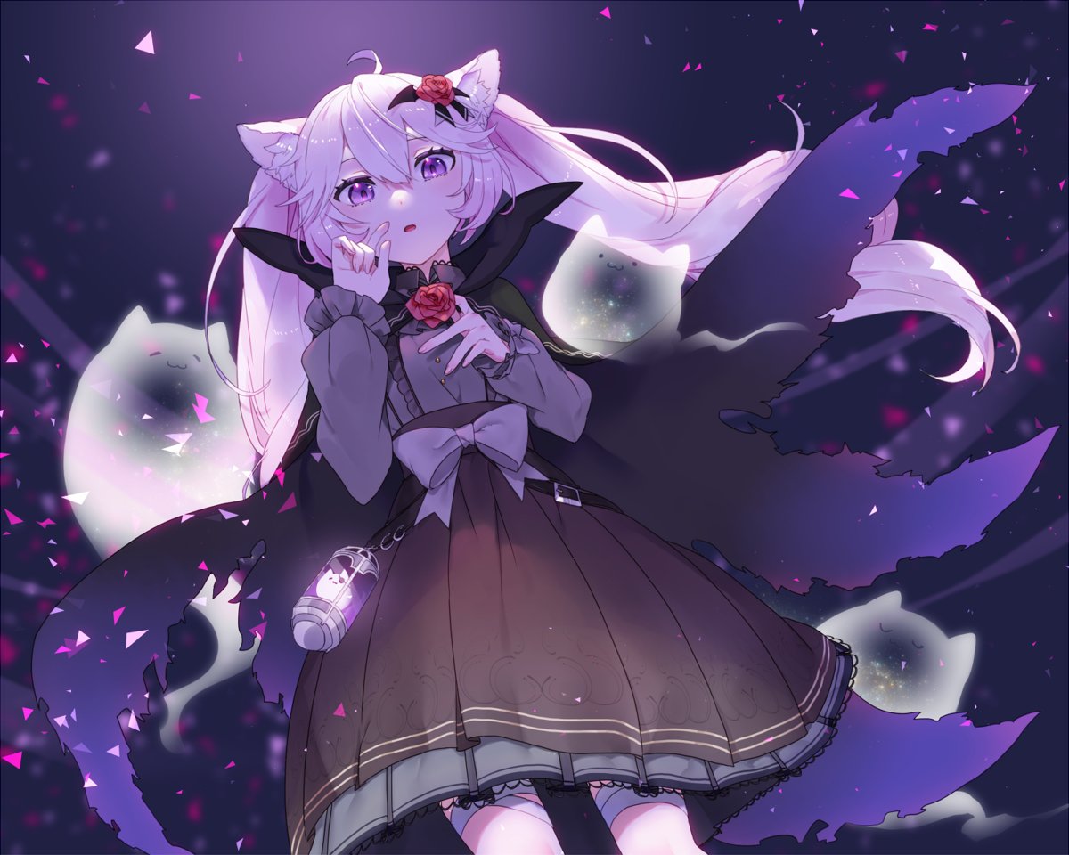 1girl :3 ahoge animal_ear_fluff animal_ears bangs bat_hair_ornament belt_buckle bow buckle buttons cape cat_ears cat_girl collar commentary_request commission eyepatch flower ghost hair_ornament high_collar kuze_(ira) lantern leg_wrap long_hair long_sleeves looking_at_viewer nyatasha_nyanners open_mouth pink_hair puffy_sleeves purple_bow purple_cape purple_shirt ribbon rose rose_hair_ornament shirt shirt_tucked_in skeb_commission skirt solo twintails violet_eyes virtual_youtuber vshojo waist_bow