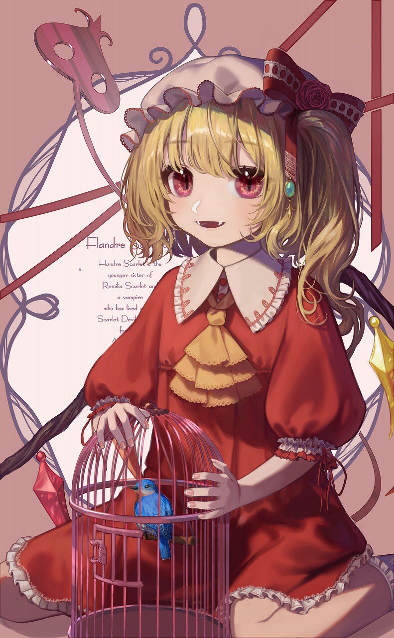 1girl adapted_costume ascot bangs bird birdcage blonde_hair cage character_name commentary_request crystal dress earrings english_text eyebrows_visible_through_hair fangs flandre_scarlet flat_chest flower foot_out_of_frame frilled_shirt_collar frills hair_between_eyes hat highres jewelry laevatein_(touhou) light_blush looking_at_viewer mob_cap one_side_up parted_lips pink_background pink_headwear puffy_short_sleeves puffy_sleeves ranunculus red_dress red_eyes red_flower short_hair short_sleeves simple_background sitting smile solo teruteru_(teru_teru) touhou wariza white_legwear wings yellow_neckwear