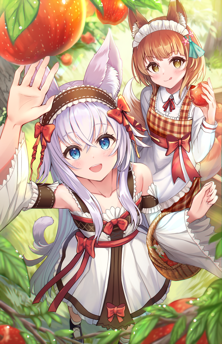 2girls :d :q animal_ear_fluff animal_ears apple arm_up bangs bare_shoulders basket black_hairband blue_eyes blush bow brown_dress brown_eyes brown_hair closed_mouth commentary_request day dress eyebrows_visible_through_hair food fruit hair_between_eyes hairband highres holding holding_food holding_fruit long_hair long_sleeves multiple_girls open_mouth original outdoors plaid plaid_dress red_apple red_bow sakura_ani shirt silver_hair sleeveless sleeveless_dress smile tail tongue tongue_out very_long_hair white_dress white_shirt