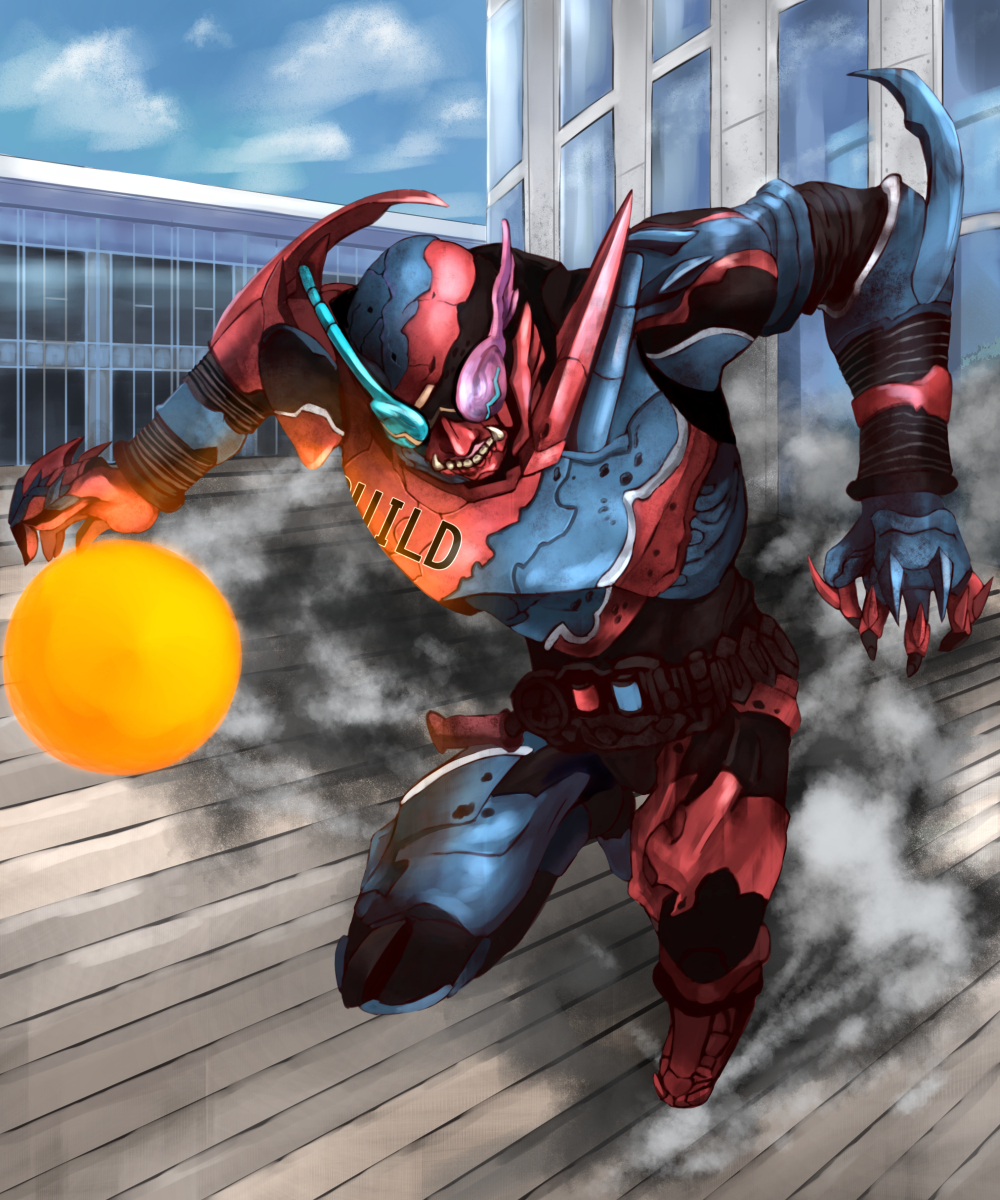 1boy another_build another_rider_(zi-o) blue_armor blue_eyes build_driver cityscape fireball heterochromia highres kamen_rider kamen_rider_zi-o_(series) male_focus monster namesake rabbit+tank_form red_armor red_eyes running smoke tsubasansan underbite