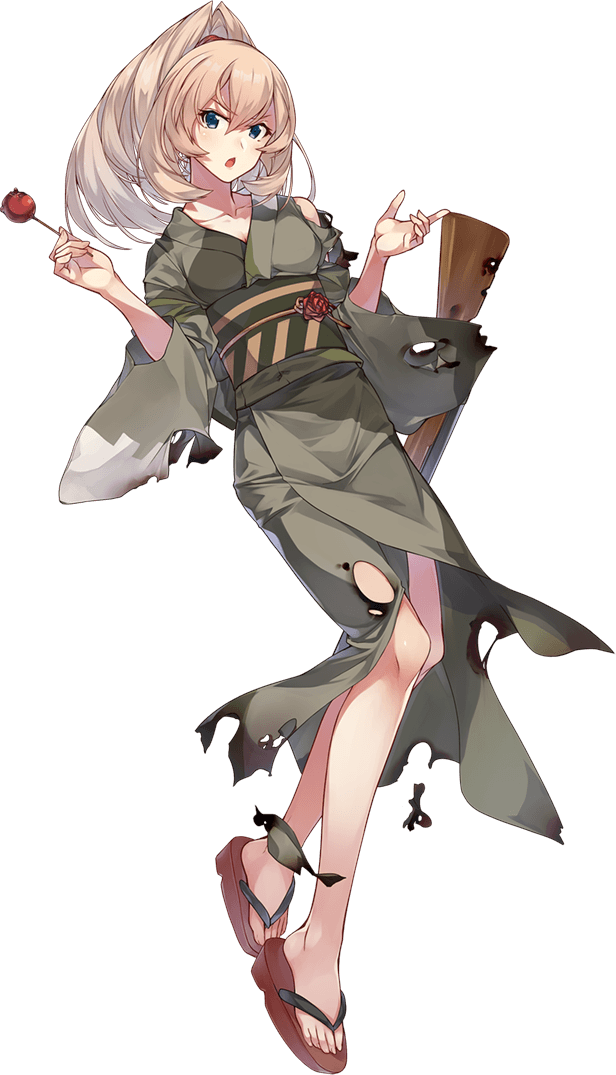 1girl blonde_hair burnt_clothes candy_apple food full_body gun japanese_clothes kantai_collection kimono konishi_(koconatu) long_hair official_alternate_costume official_art ponytail rifle sandals sash torn_clothes transparent_background victorious_(kancolle) weapon yukata