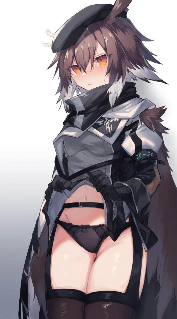 ahoge arknights armband ass_visible_through_thighs beret black_gloves black_headwear black_legwear black_panties black_scarf blush bow bow_panties brown_cape brown_hair cape clothes_lift cowboy_shot feathers garter_belt gloves gradient gradient_background grey_background grey_shirt groin hat highres infection_monitor_(arknights) looking_at_viewer navel panties parted_lips plume_(arknights) sasa_onigiri scarf shirt shirt_lift short_hair sweatdrop thigh-highs thighs underwear yellow_eyes