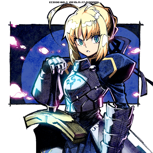 1girl ahoge armor armored_dress artoria_pendragon_(fate) blonde_hair braid dress excalibur_(fate/stay_night) fate/stay_night fate_(series) fujimoto_hideaki gauntlets green_eyes hair_ribbon looking_at_viewer lowres ribbon saber short_hair solo sword weapon