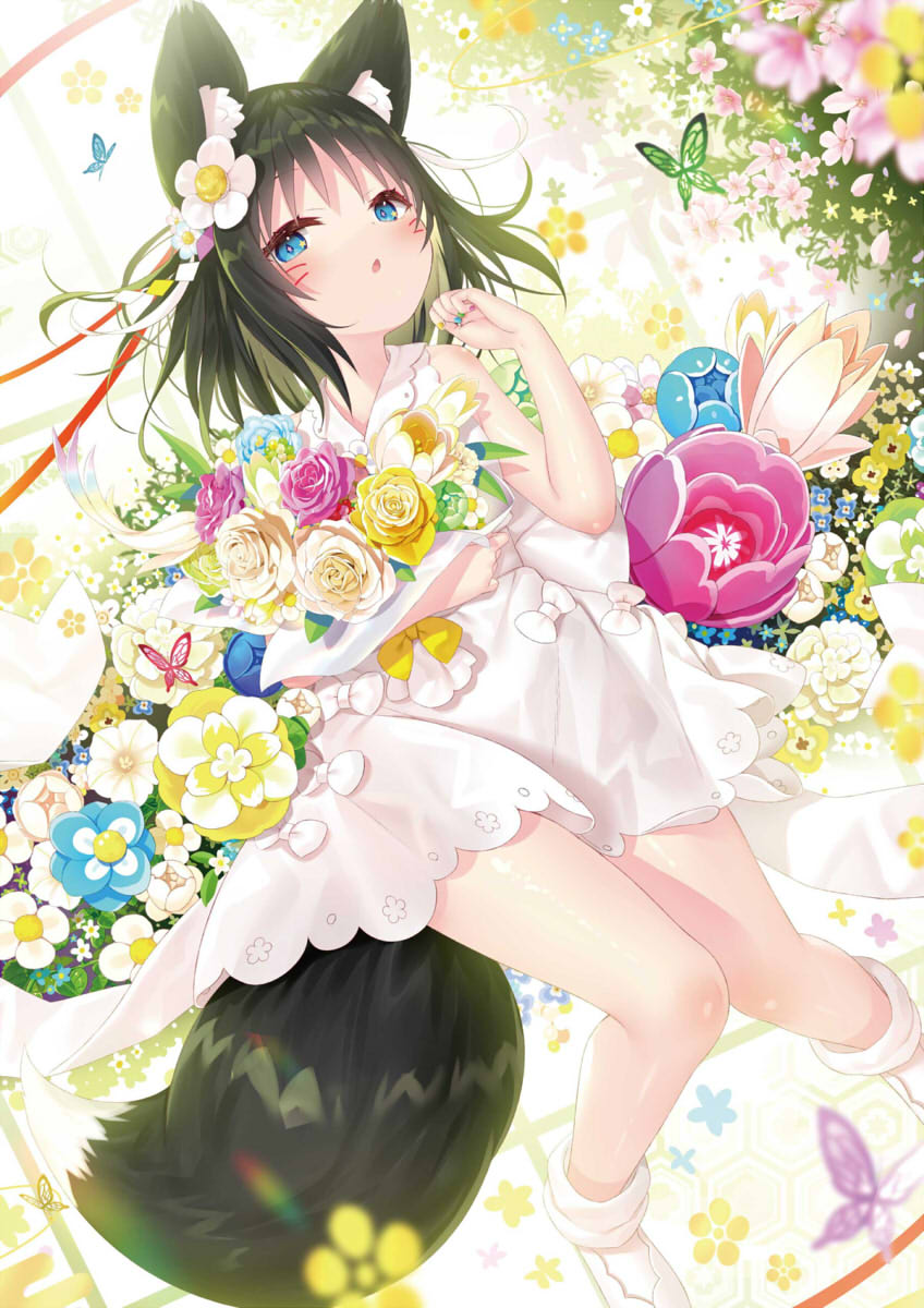 1girl animal_ears bangs bare_arms bare_shoulders black_hair blue_eyes blue_flower blue_rose blush boots bouquet commentary_request dress eyebrows_visible_through_hair facial_mark flower highres looking_at_viewer object_hug official_art original parted_lips purple_flower purple_rose rose sleeveless sleeveless_dress solo tail whisker_markings white_dress white_flower white_footwear white_rose yano_mitsuki yellow_flower yellow_rose