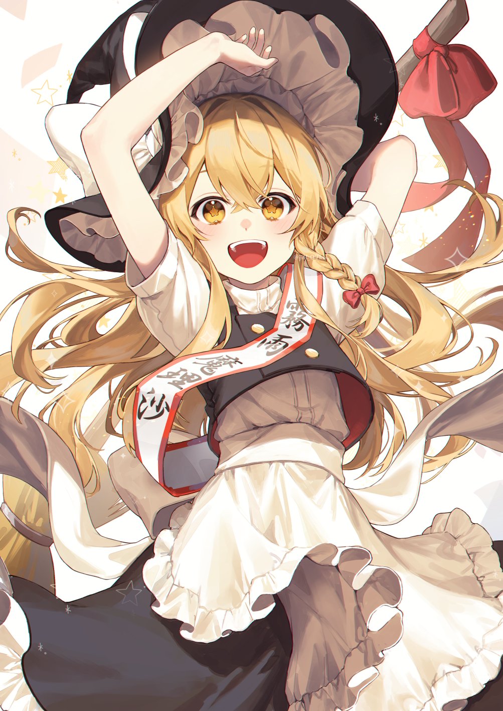 1girl apron arm_up bangs black_skirt black_vest blonde_hair blush bow braid broom commentary_request cropped_legs hair_between_eyes hair_ribbon hat highres jill_07km kirisame_marisa long_hair looking_at_viewer open_mouth puffy_short_sleeves puffy_sleeves red_bow red_ribbon ribbon shirt short_sleeves simple_background single_braid skirt solo sparkle star-shaped_pupils star_(symbol) symbol-shaped_pupils touhou upper_body upper_teeth vest white_apron white_background white_shirt witch_hat