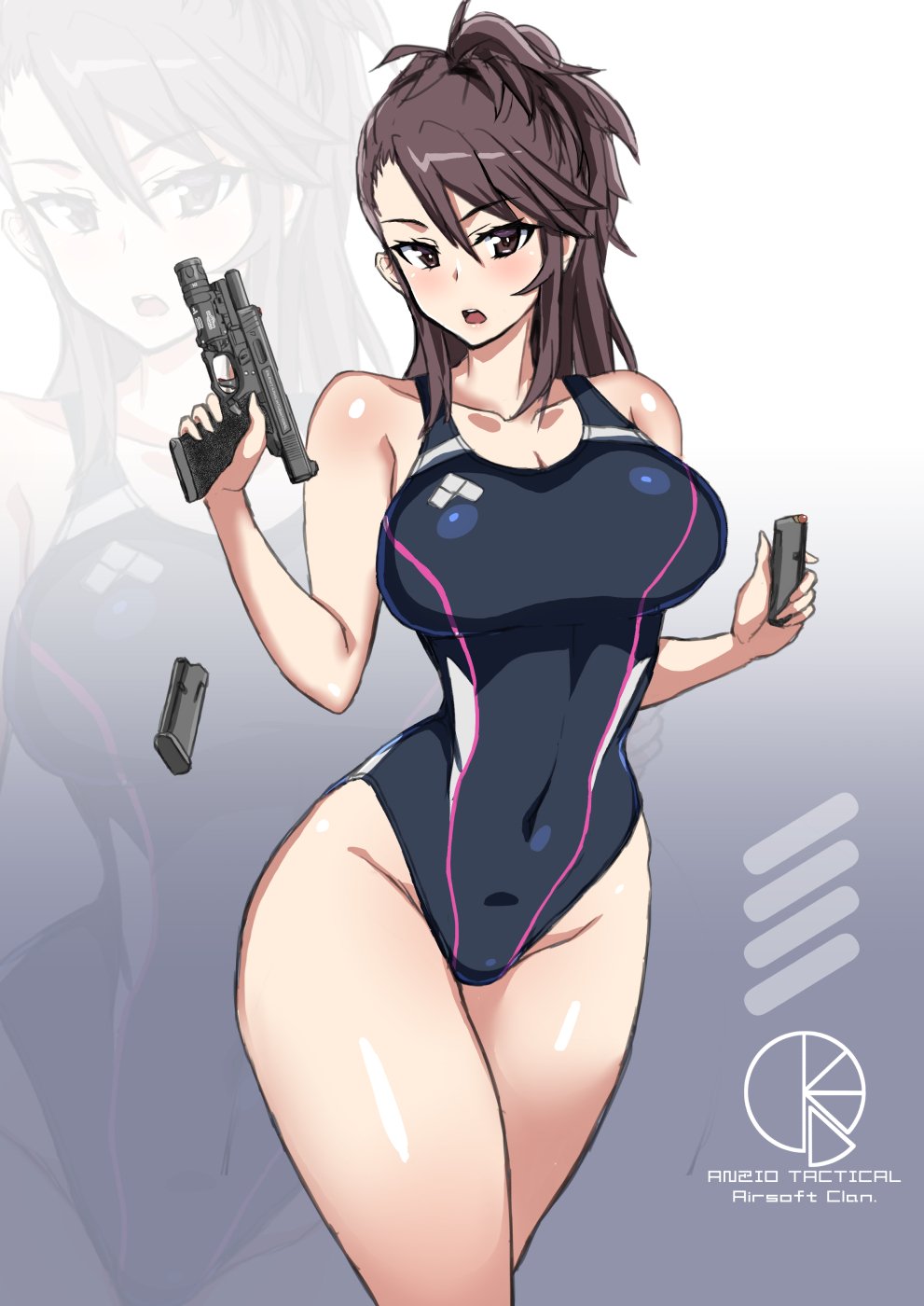 1girl amaretto_(girls_und_panzer) asymmetrical_bangs bangs black_swimsuit breasts brown_eyes brown_hair commentary competition_swimsuit covered_navel cowboy_shot english_text girls_und_panzer glock gradient gradient_background grey_background gun half_updo handgun highres holding holding_gun holding_magazine_(weapon) holding_weapon large_breasts long_hair looking_at_viewer magazine_(weapon) mordeth one-piece_swimsuit open_mouth revision shell_casing solo standing swimsuit trigger_discipline weapon zoom_layer