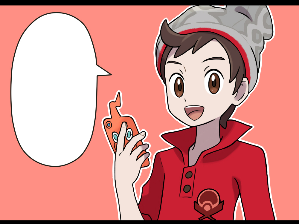 1boy :d asatsuki_(fgfff) beanie blank_speech_bubble brown_eyes brown_hair cable_knit commentary_request grey_headwear hand_up hat holding holding_phone looking_at_viewer male_focus open_mouth outline phone pokemon pokemon_(game) pokemon_swsh red_shirt rotom rotom_phone shirt sleeves_rolled_up smile speech_bubble template tongue upper_body upper_teeth victor_(pokemon)