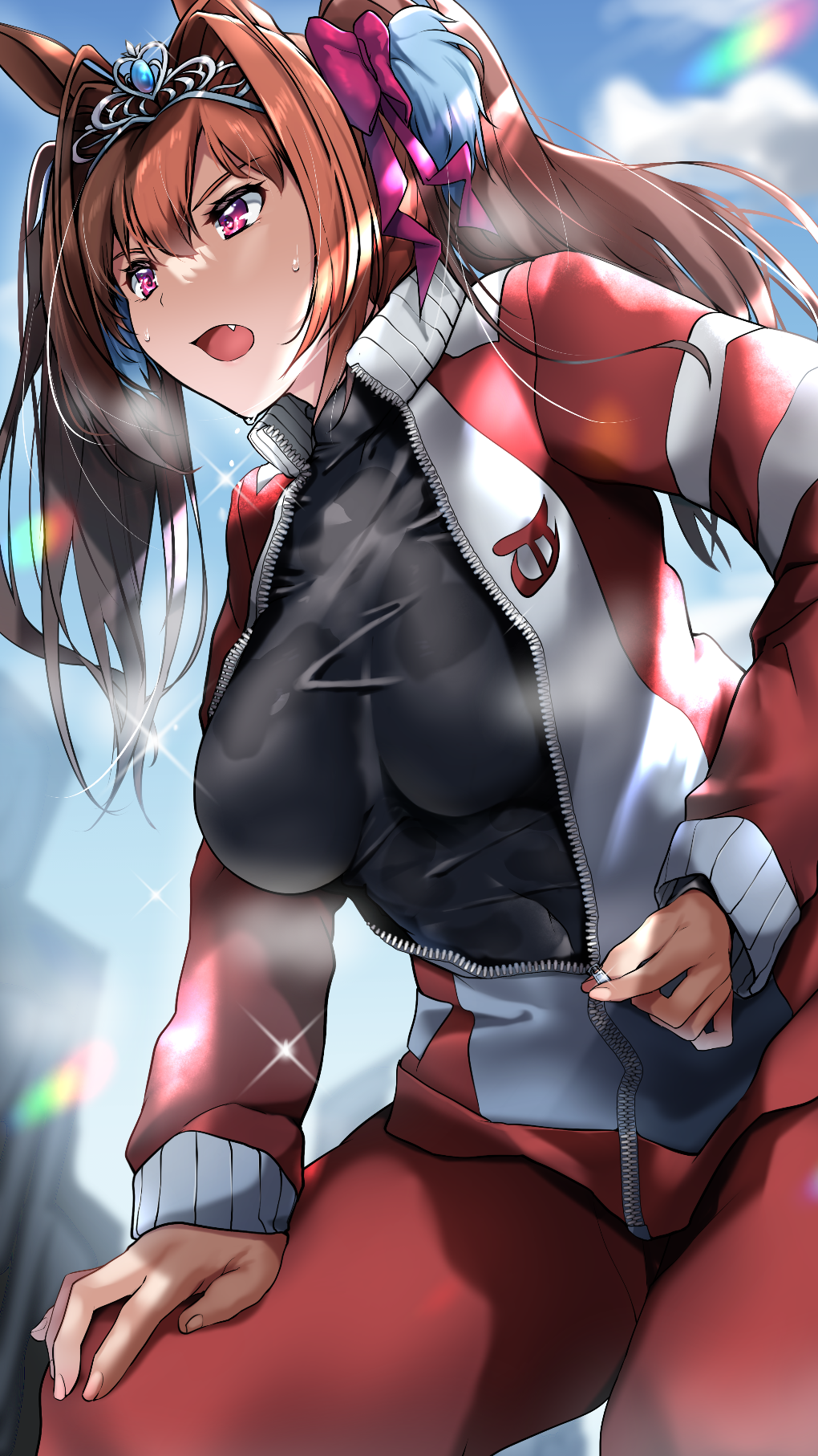 1girl animal_ears breasts brown_hair daiwa_scarlet_(umamusume) fang hair_between_eyes highres horse_ears horse_girl jacket jersey large_breasts long_hair long_sleeves nonohachi open_clothes open_jacket open_mouth pants pink_eyes red_pants solo sparkle tiara track_jacket twintails umamusume