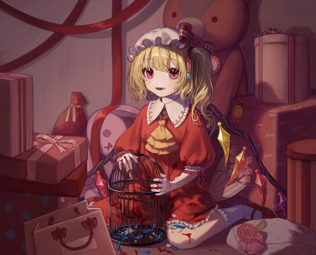 1girl adapted_costume ascot bangs birdcage blonde_hair blood blood_on_clothes box cage commentary_request corpse crystal dress earrings eyebrows_visible_through_hair fangs feathers flandre_scarlet flat_chest flower frilled_shirt_collar frills gift guro hair_between_eyes hat indoors jewelry light_blush looking_at_viewer mob_cap one_side_up parted_lips pink_headwear puffy_short_sleeves puffy_sleeves ranunculus red_dress red_eyes red_flower short_hair short_sleeves sitting smile solo stuffed_animal stuffed_toy teddy_bear teruteru_(teru_teru) touhou wariza white_legwear wings yellow_neckwear