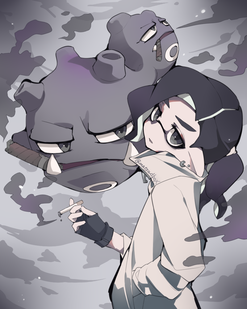 1girl black_eyes black_hair cigar cigarette crossover earrings fangs floating gloves grey_background hair_tie hand_in_pocket head_tilt high_collar holding holding_cigarette inkling jacket jewelry long_sleeves looking_at_another looking_at_viewer looking_up matsushita_(matsudbox) pointy_ears pokemon smoke splatoon_(series) standing upper_body weezing white_jacket