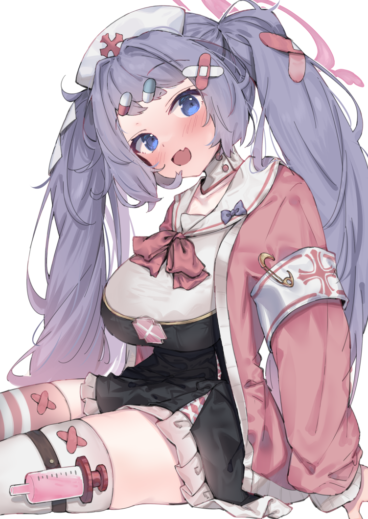 bandaid_hair_ornament blue_archive blue_eyes blush breasts dress eip_(pepai) fang frilled_dress frills hair_intakes hair_ornament hairclip hanae_(blue_archive) hat large_breasts long_hair looking_at_viewer neckerchief nurse nurse_cap open_mouth pill_hair_ornament purple_hair safety_pin sailor_collar short_dress sitting skin_fang smile thigh-highs turtleneck twintails very_long_hair zettai_ryouiki