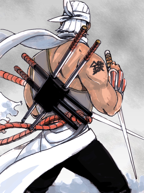 1boy arm_tattoo back_turned colored dark_skinned_male from_behind green_yossy headband killer_bee male muscular_male naruto naruto_(series) naruto_shippuuden scarf shirtless solo sword swords vest