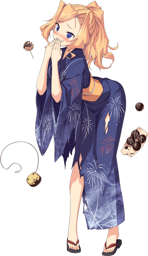 1girl blonde_hair blue_eyes blush breasts fireworks_print food food_on_face full_body hands_on_own_face honolulu_(kancolle) japanese_clothes kantai_collection kimono large_breasts long_hair official_alternate_costume official_art takoyaki torn_clothes ugume yukata