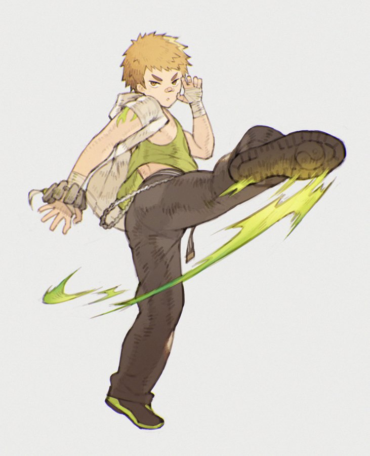 1boy ass bandaid bandaid_on_nose black_pants blonde_hair chataro1412 child foreshortening full_body green_tank_top incoming_attack kicking male_focus ooki_ikutoshi pants shoes short_hair solo tank_top tokyo_houkago_summoners