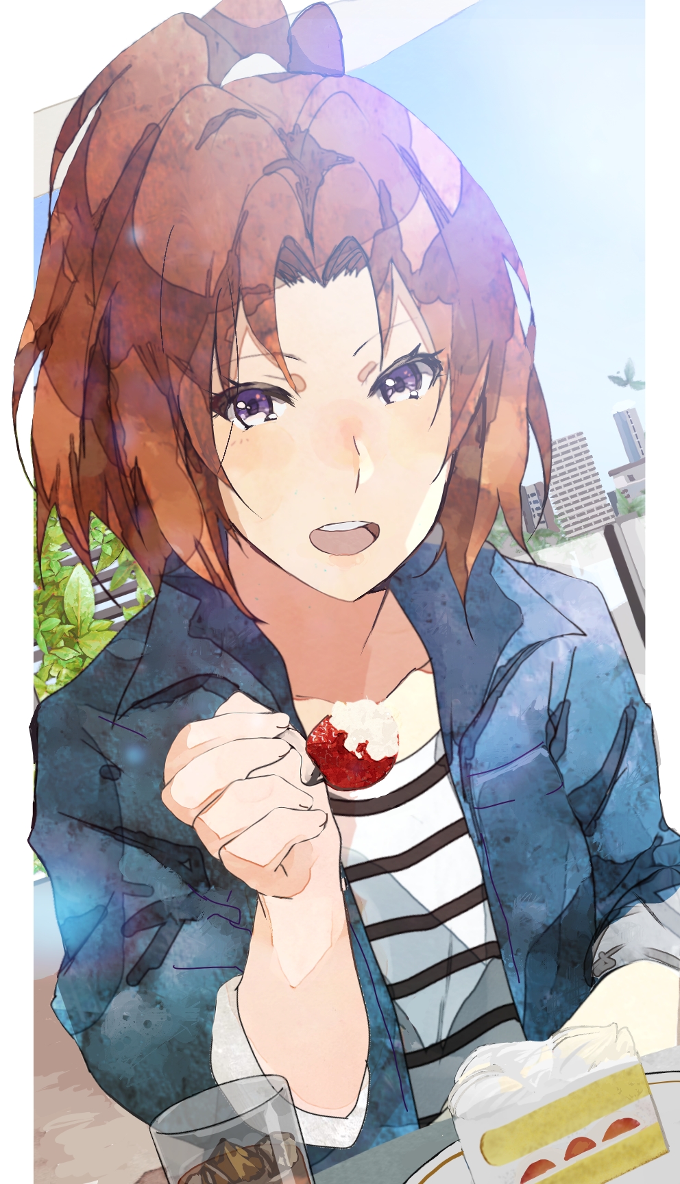 1girl bird blue_jacket blue_sky brown_hair building cake cake_slice collarbone cup denim denim_jacket dutch_angle faux_traditional_media food fork fruit hand_up hibike!_euphonium highres holding holding_food jacket kataru_(ubw-emiya) long_hair long_sleeves looking_at_viewer nakagawa_natsuki open_mouth outdoors outstretched_arm plate ponytail shirt sitting sky smile solo strawberry striped striped_shirt table tree violet_eyes white_shirt
