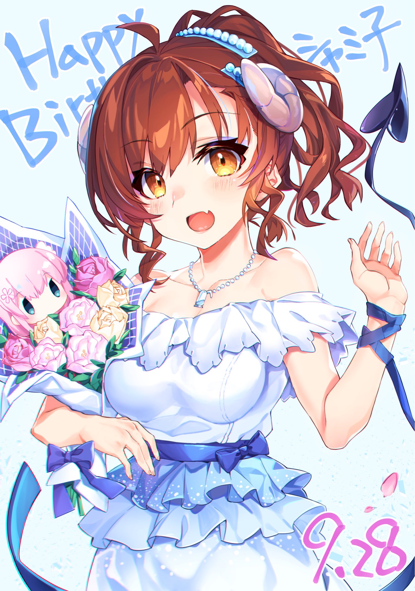 1girl :d alternate_hairstyle blue_background bouquet breasts character_doll chiyoda_momo curled_horns dated demon_girl demon_horns demon_tail dress fang flower hand_up happy_birthday highres holding holding_bouquet horns jewelry looking_at_viewer machikado_mazoku medium_breasts narumiya_(empty_cafe) necklace open_mouth orange_eyes pink_flower pink_rose ponytail redhead rose short_hair skin_fang smile solo tail white_dress yellow_flower yellow_rose yoshida_yuuko_(machikado_mazoku)
