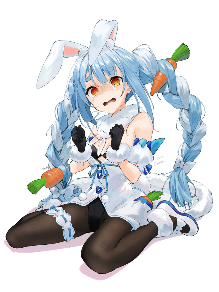 1girl @_@ animal_ear_fluff animal_ears arm_garter bangs black_gloves black_legwear black_leotard blue_hair bow braid breasts carrot_hair_ornament commentary_request don-chan_(usada_pekora) dress ears_down eyebrows_visible_through_hair food-themed_hair_ornament full_body fur-trimmed_dress fur-trimmed_gloves fur_scarf fur_trim furrowed_brow gloves gotoh510 hair_ornament hair_ribbon hololive leotard long_hair looking_at_viewer multicolored_hair open_mouth pantyhose pom_pom_(clothes) rabbit_ears rabbit_tail ribbon shaded_face shoes signature simple_background sitting small_breasts solo strapless strapless_dress streaked_hair sweatdrop tail thick_eyebrows thigh_strap tress_ribbon twin_braids twintails two-tone_hair usada_pekora virtual_youtuber wariza wavy_mouth white_background white_bow white_dress white_footwear white_hair