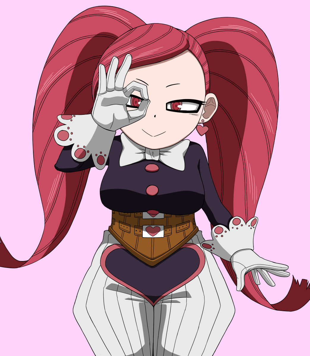 1girl boku_no_hero_academia bow bowtie breasts earrings gloves heart heart_earrings highres jewelry la_brava long_hair long_sleeves medium_breasts ok_sign ok_sign_over_eye pink_background redhead simple_background smile solo standing twintails white_bow white_gloves ysd2552